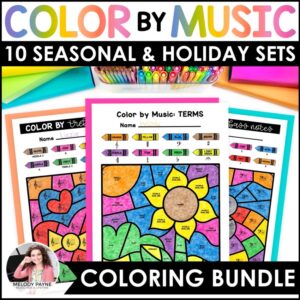 Color by Music Coloring Pages Seasonal and Holiday Bundle for Piano Lessons and Elementary Music Class - includes coloring pages for Valentine's Day, St. Patrick's Day, Spring, Autumn, Christmas, and more!