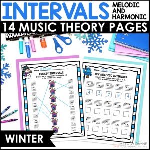 Winter Intervals Music Worksheets - Melodic & Harmonic 2nds - Octaves Activities