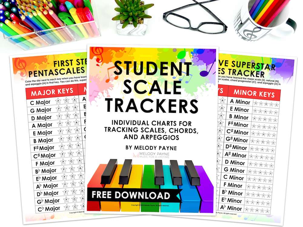 Piano student scale trackers with rainbow elements - Free download for piano teachers - by Melody Payne