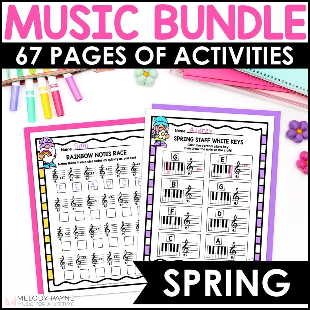 Spring Music Worksheets Bundle - Treble, Bass, Intervals, Music Math, Piano Keys