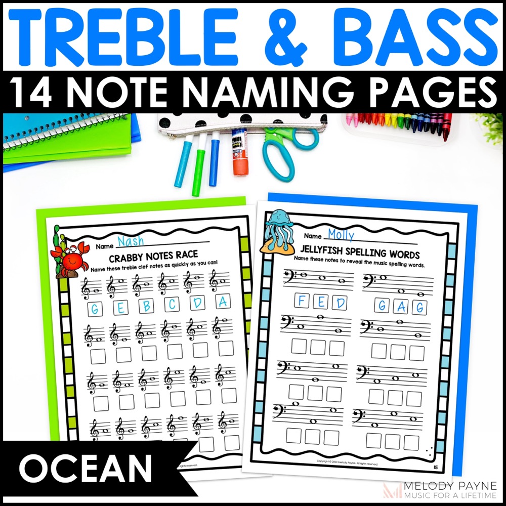 Treble Clef and Bass Clef Note Reading Music Worksheets & Activities - Ocean