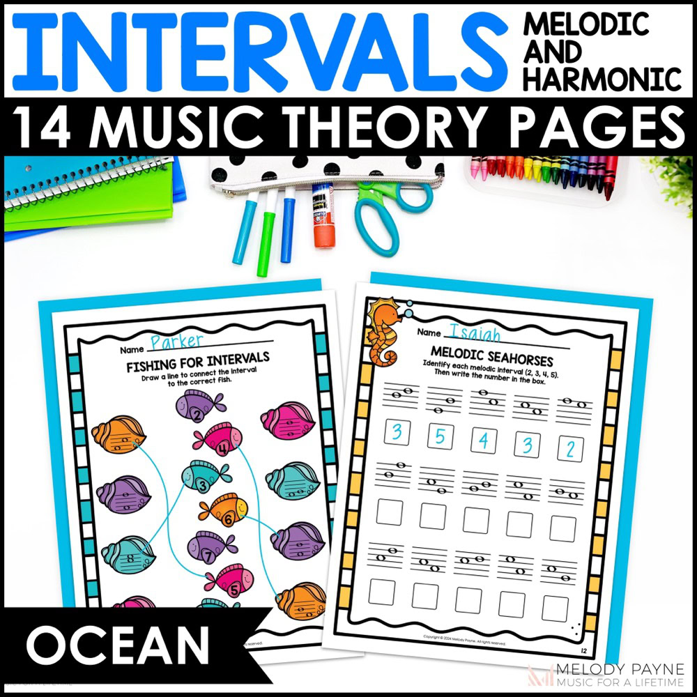 Intervals Music Worksheets - Melodic & Harmonic 2nds to Octaves - Ocean