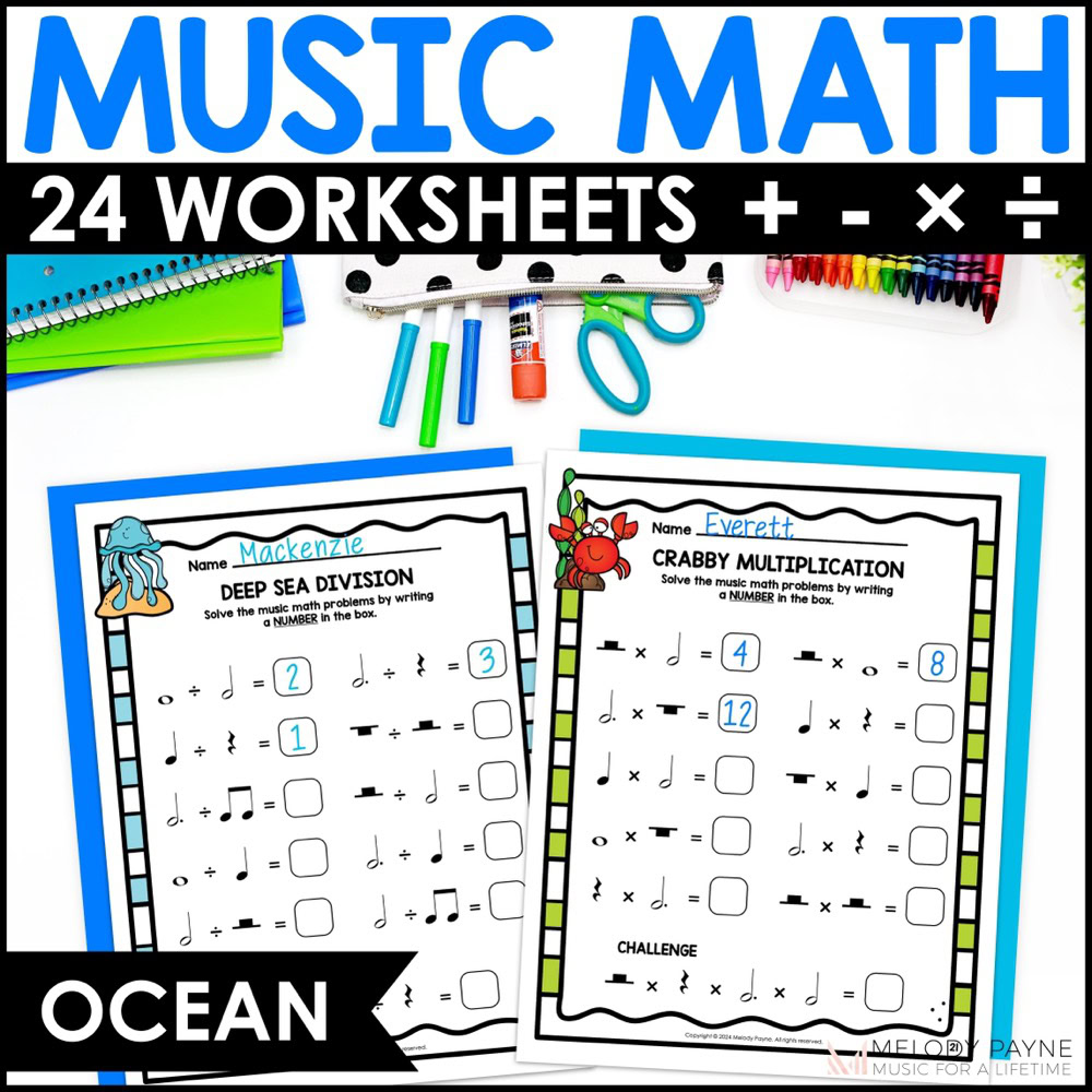 Ocean Music Math Rhythm Worksheets - Notes & Rests Music Theory Activities