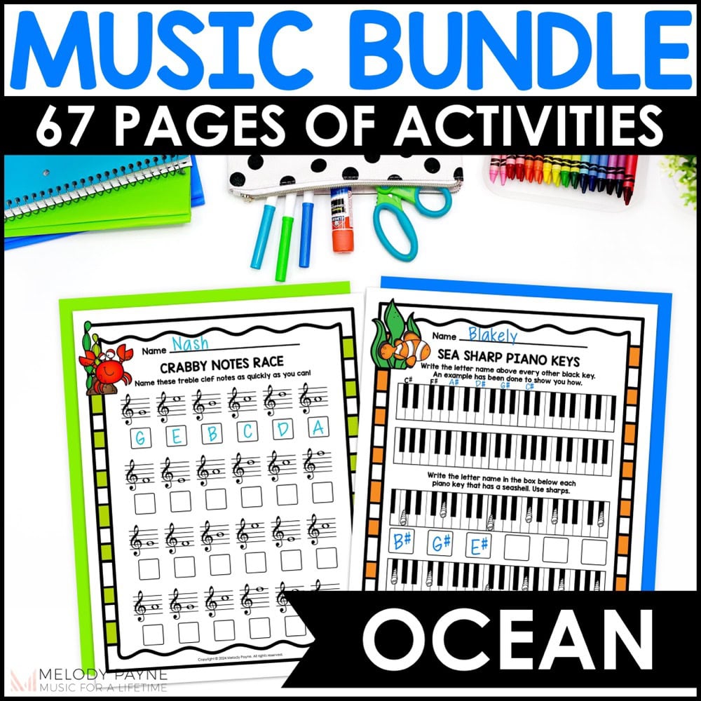 Ocean Music Worksheets Bundle - Treble, Bass, Intervals, Music Math, Piano Keys