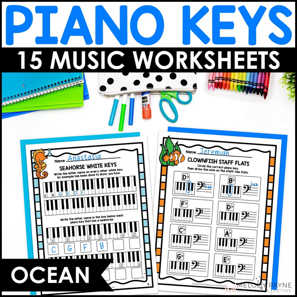 Ocean Piano Keys Worksheets - White & Black Keys, Sharps & Flats, & Music Staff