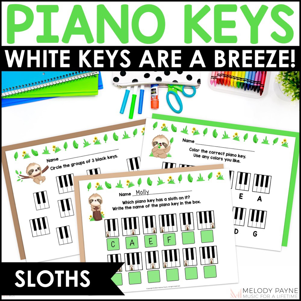 Piano Keyboard Music Worksheets - Sloth Piano Keys Are A Breeze - Beginner Piano