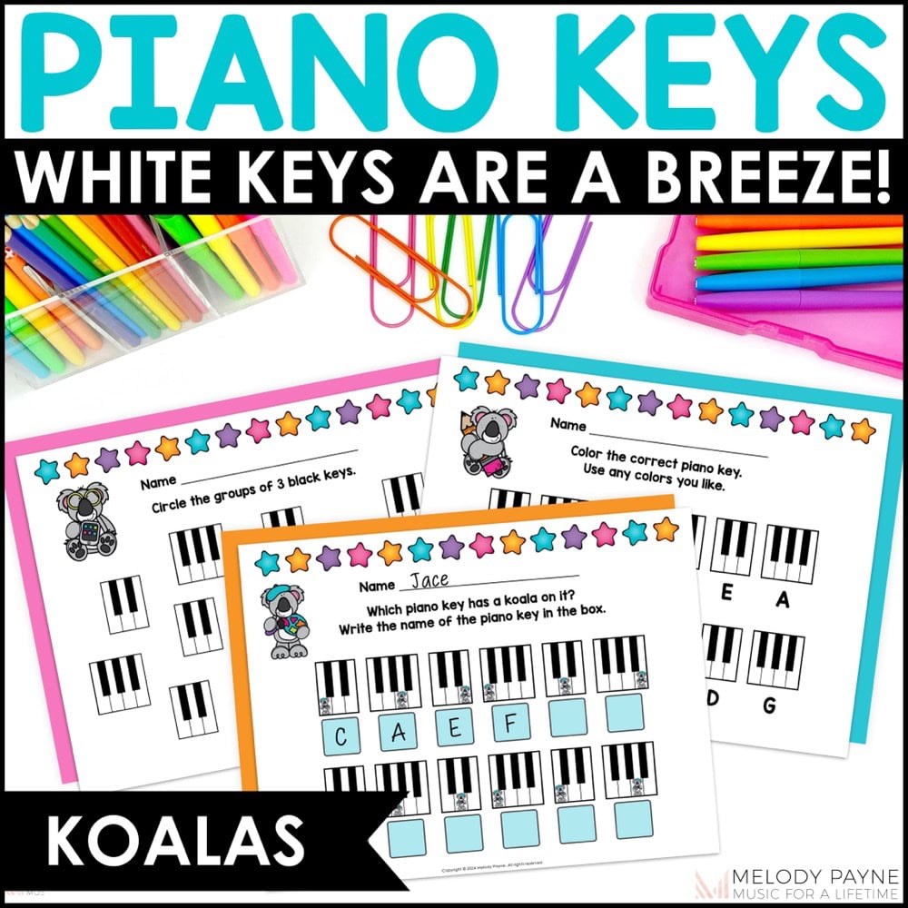 White Piano Keys Music Worksheets - Koala Piano Keys Are A Breeze - Beginner Piano