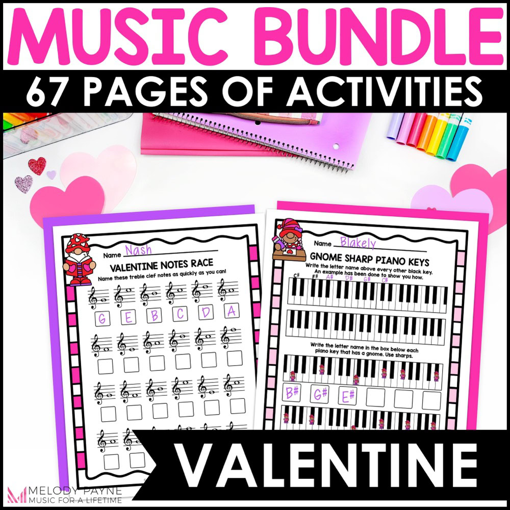 Valentine Music Worksheets Bundle - Treble, Bass, Intervals, Rhythm, Piano Keys
