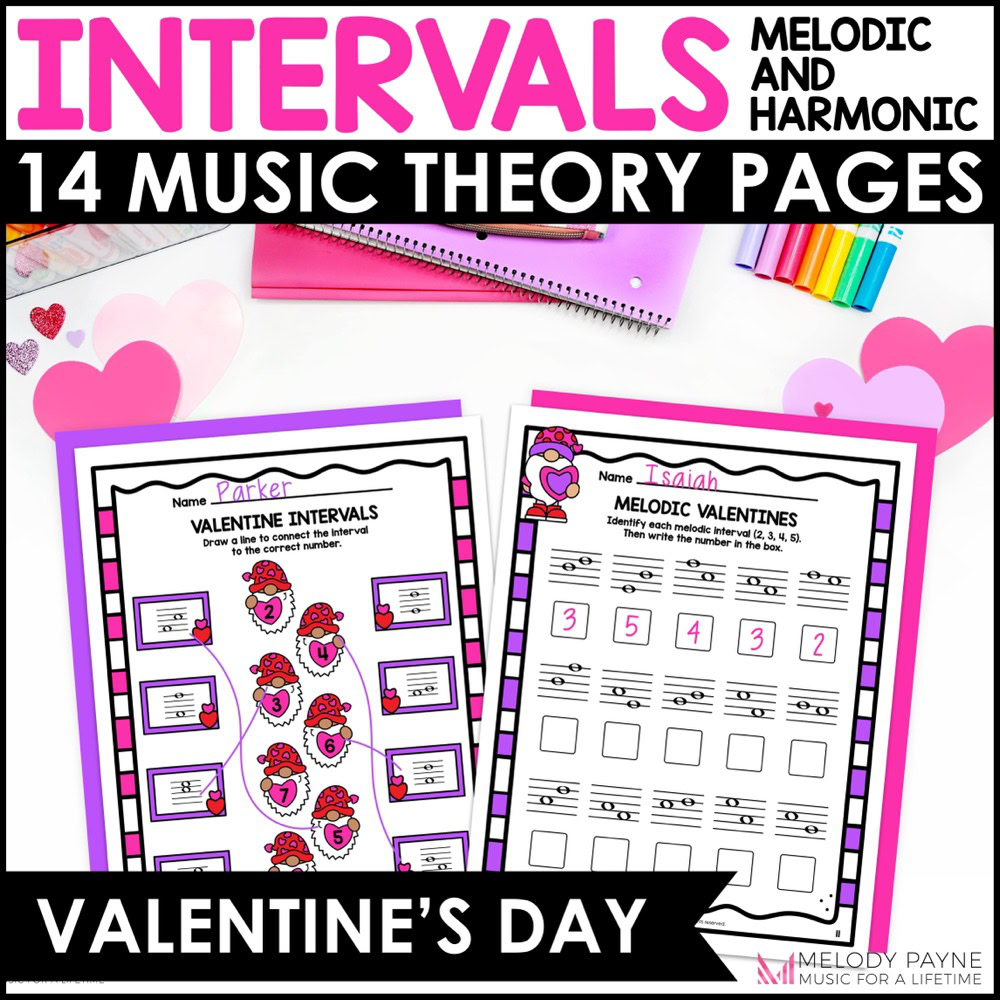 Valentine's Day Intervals Music Worksheets - Melodic & Harmonic 2nds to Octaves