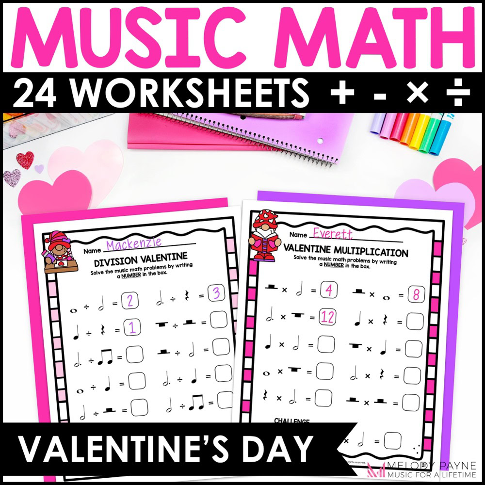 Valentine's Day Music Math Rhythm Worksheets - Notes & Rests Theory Activities