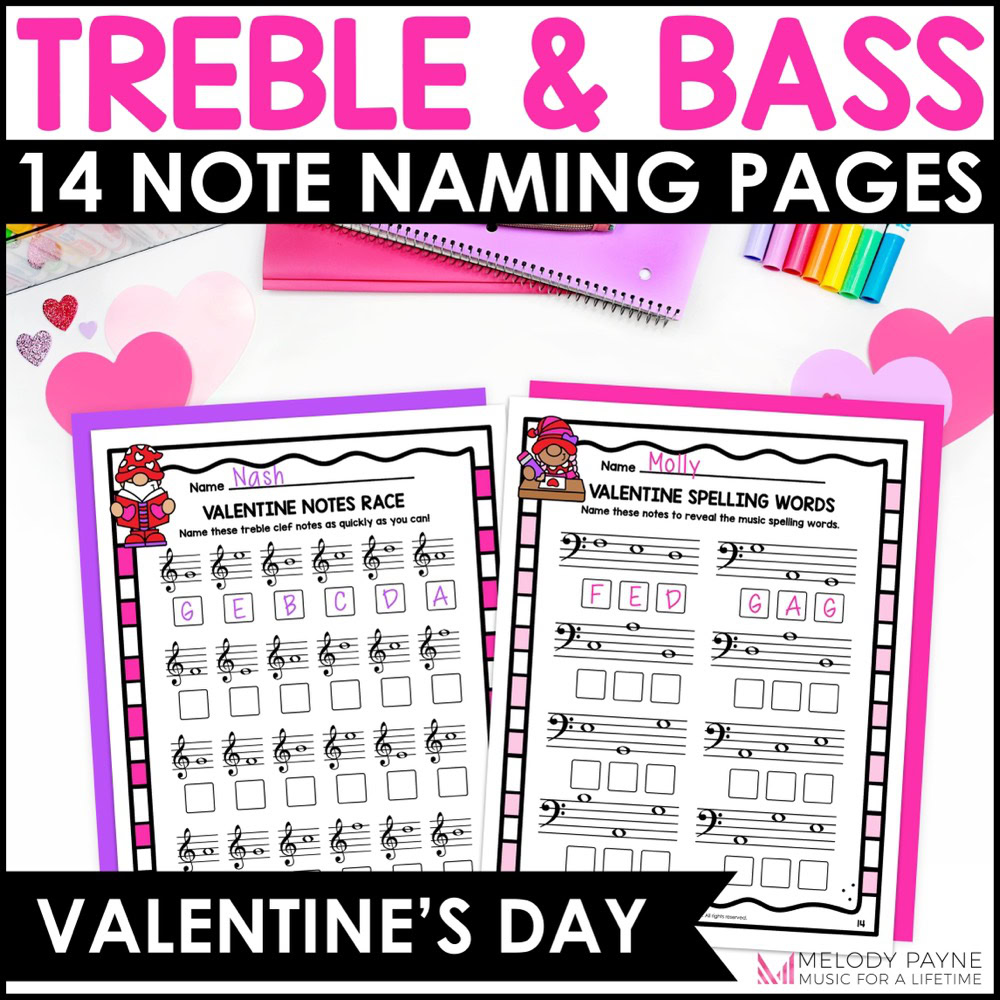 Valentine's Day Note Reading Music Worksheets & Activities - Treble & Bass Clef