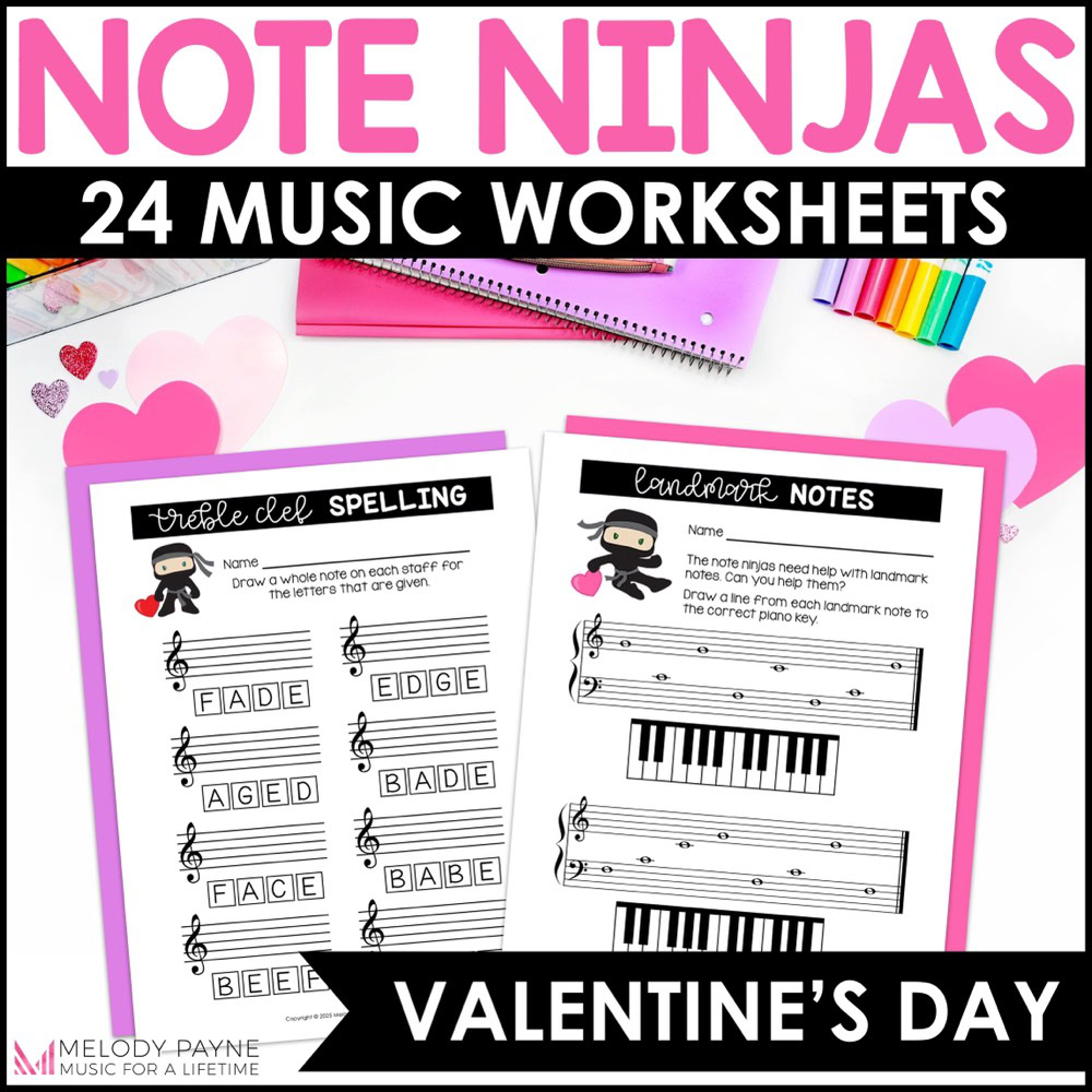 Valentine's Day Note Reading Worksheets - Note Ninjas Treble, Bass, Landmarks