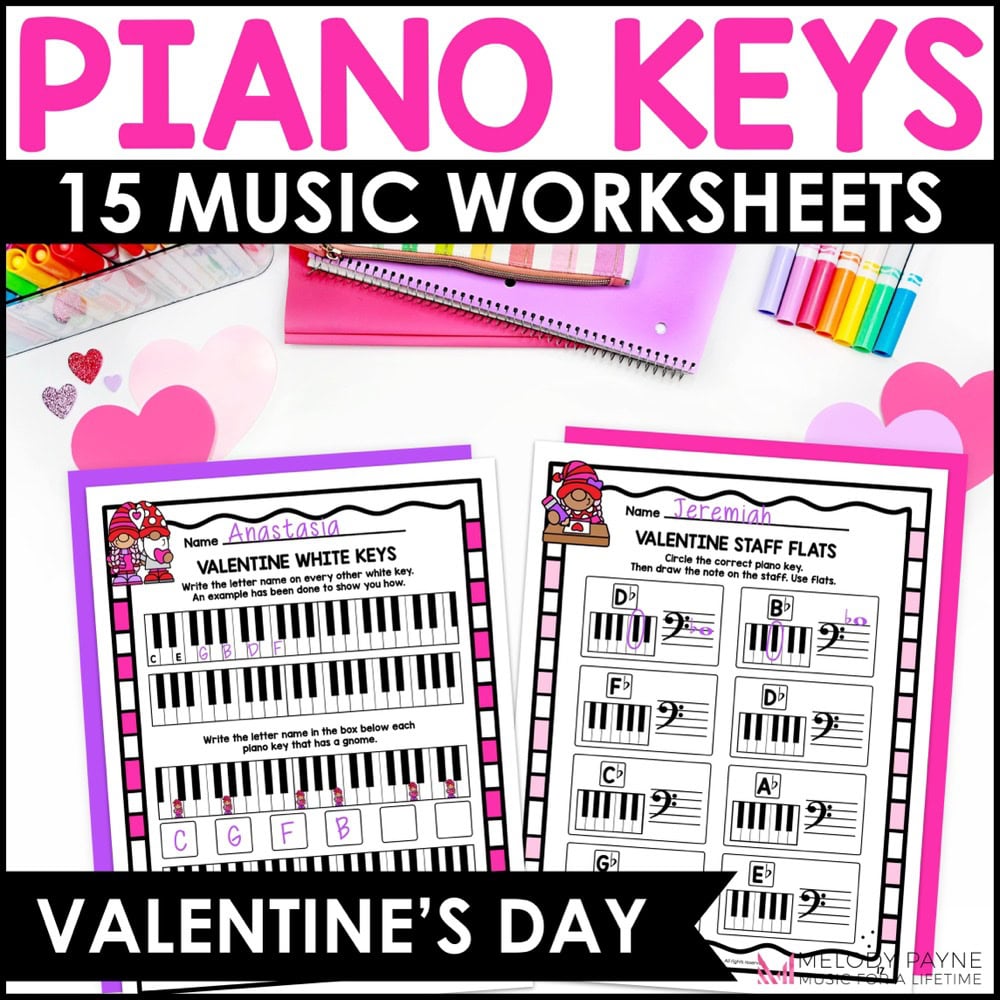 Valentine's Day Piano Keys Worksheets - White & Black Keys, Sharps, Flats, Staff