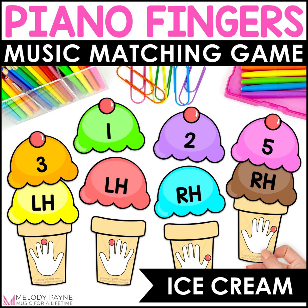 Pre-Staff Piano Finger Numbers Matching Game for Summer - Ice Cream Music Match