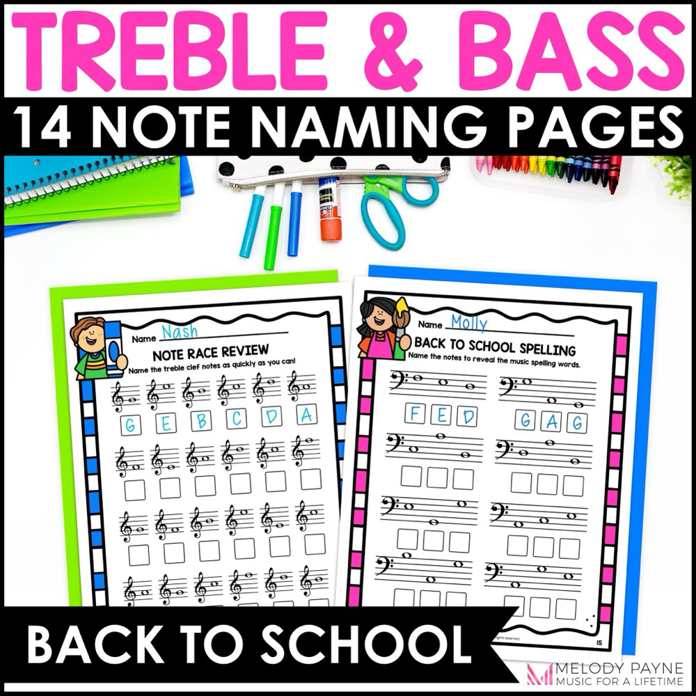 Back to School Note Reading Music Worksheets & Activities - Treble & Bass Clef