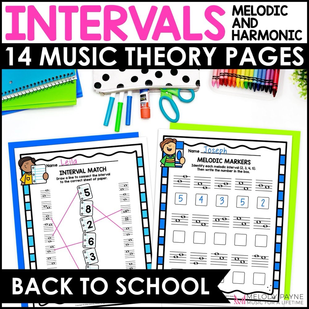 Back to School Intervals Music Worksheets - Melodic & Harmonic 2nds to Octaves - 14 Music Theory Pages