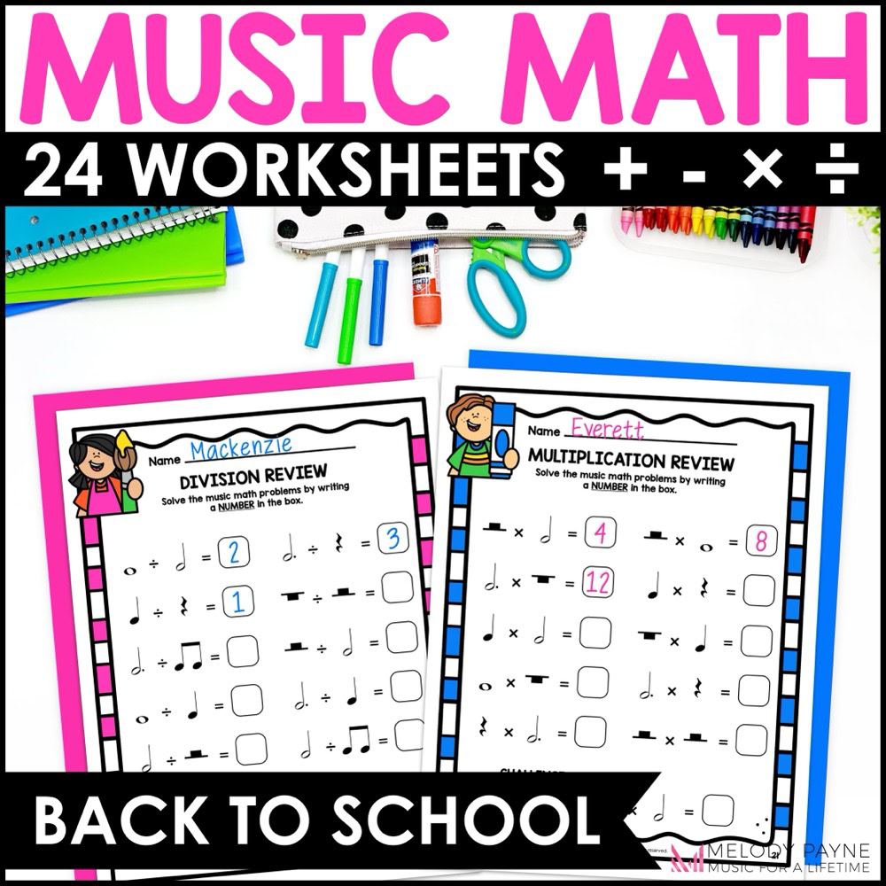 Back to School Music Math Rhythm Worksheets - Notes & Rests Theory Activities - Add, Subtract, Multiply, Divide