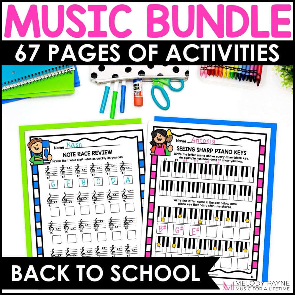 Back to School Music Worksheets Bundle - Treble, Bass, Intervals, Rhythm, Piano Keys for Music Class and Piano Lessons - Worksheets, Activities, Coloring Pages