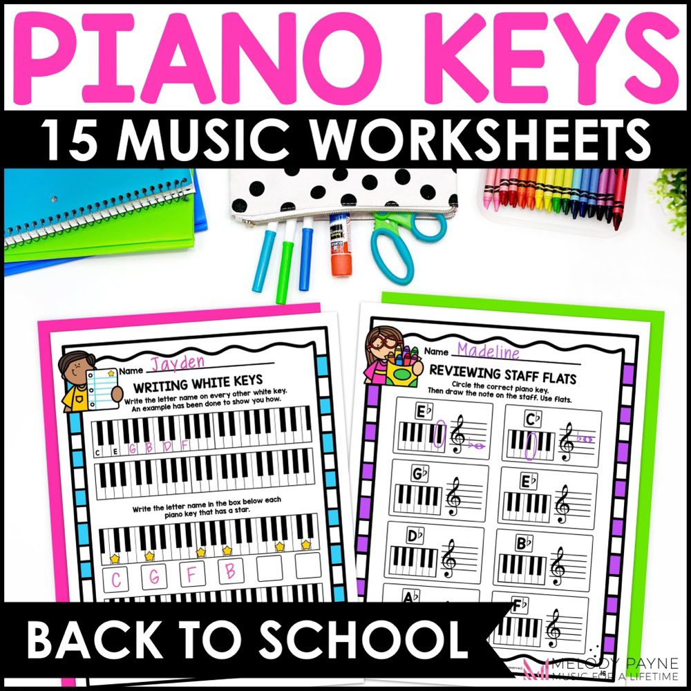 Back to School Piano Keys Worksheets - White & Black Keys, Sharps, Flats, Staff for elementary music class, piano lessons, and more!