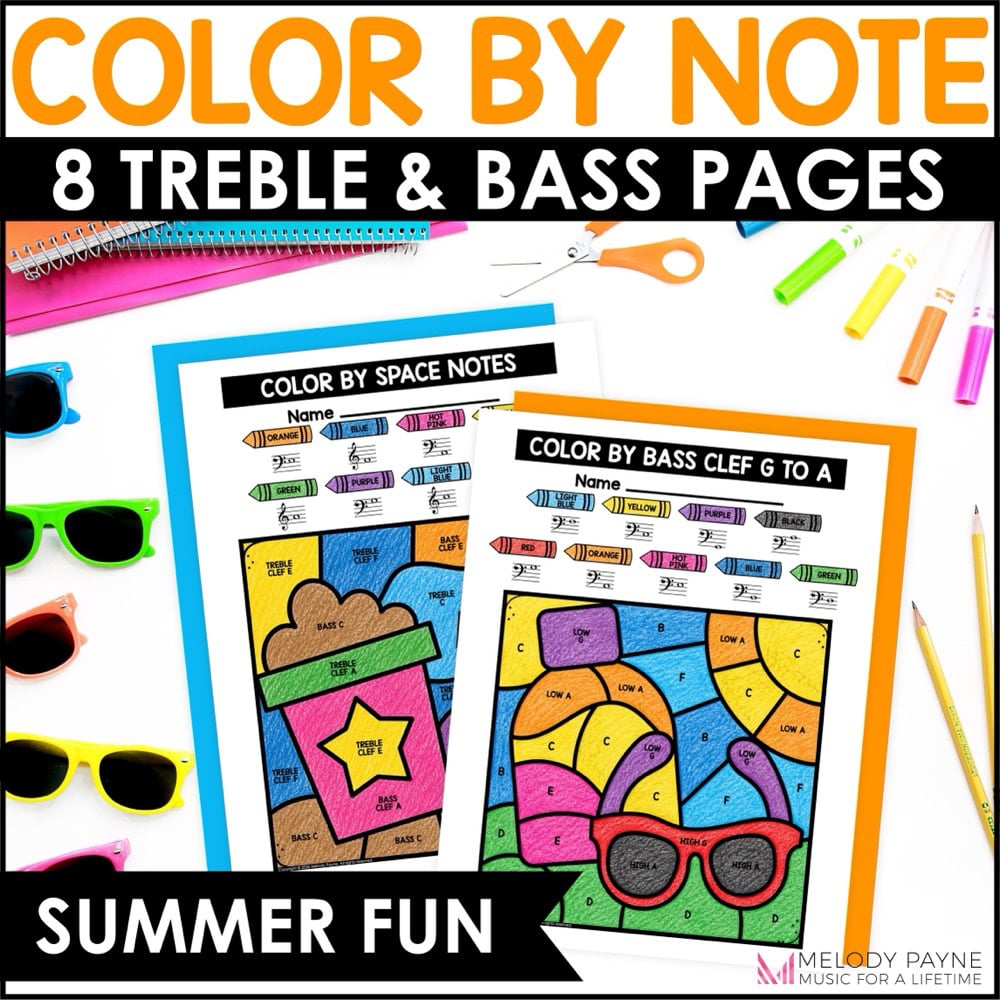 Summer Color by Note Music Coloring Pages - Treble & Bass Clef Note Reading