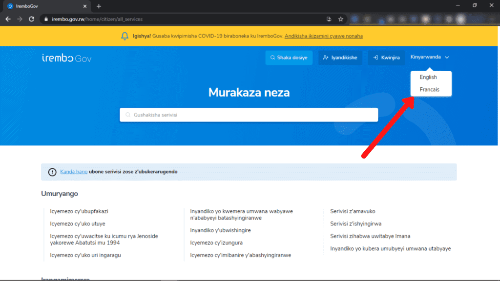Ku Irembo ushobora guhindura ururimi, ukigera ahabanza.