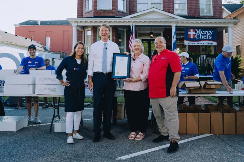 GMA meteorologist Ginger Zee and Virginia Governor Glenn Youngkin, honor Mercy Chefs with a proclamation