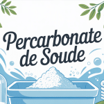 Lessive percarbonate de soude versée dans une machine à laver entourée de linge blanc et plantes