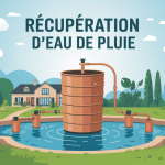 taxe récupération eau de pluie illustration maison avec cuve et jardin