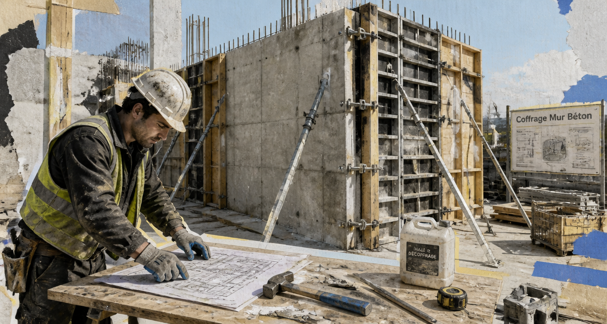 coffrage mur béton sur chantier avec ouvrier