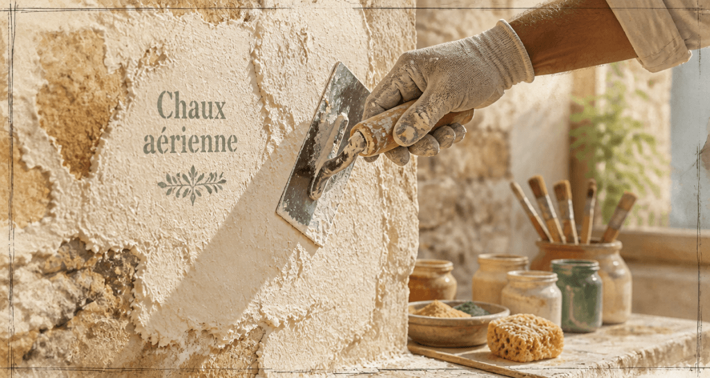 Application d'enduit à la chaux aérienne sur mur