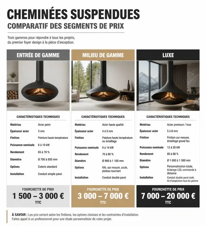 Comparatif des prix et caractéristiques des cheminées suspendues : entrée de gamme, milieu de gamme et luxe
