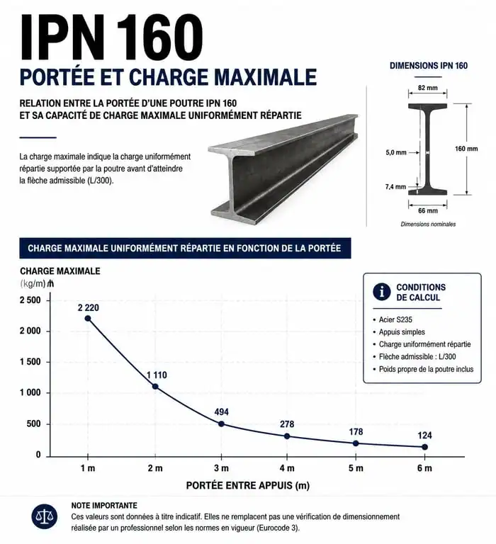 Infographie montrant la capacité de charge d'un IPN 160 en fonction de la portée