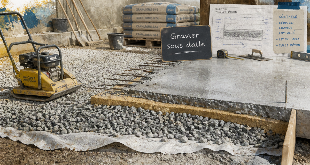 gravier sous dalle coupe chantier béton et hérisson
