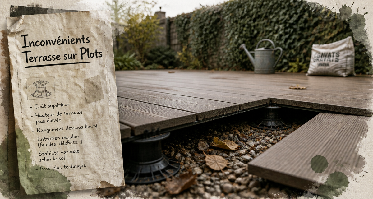Inconvénient terrasse sur plot avec dalle déplacée et plots visibles