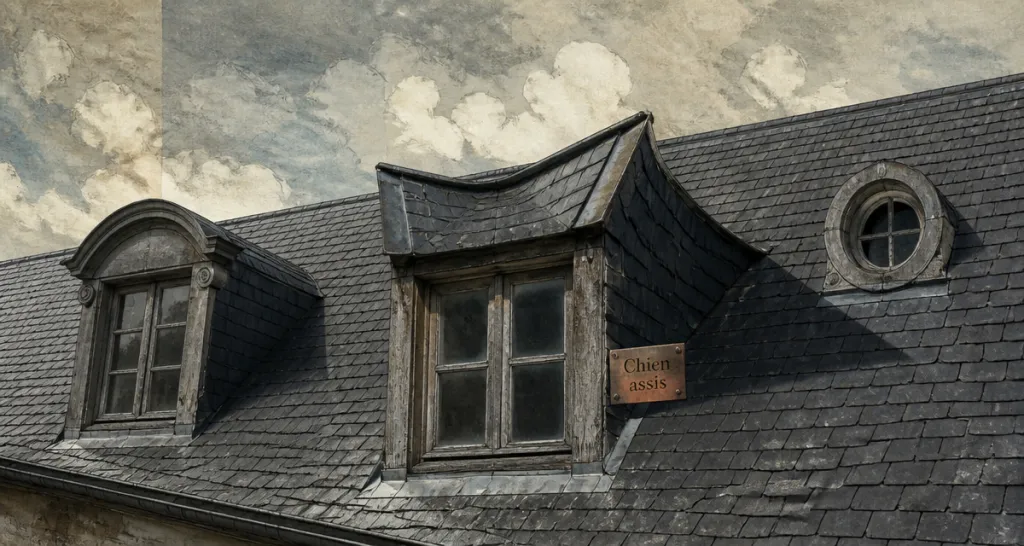 chien assis maison sur toit ancien