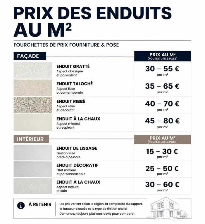 Infographie des prix de l'enduit au m2 selon le type de finition et d'application