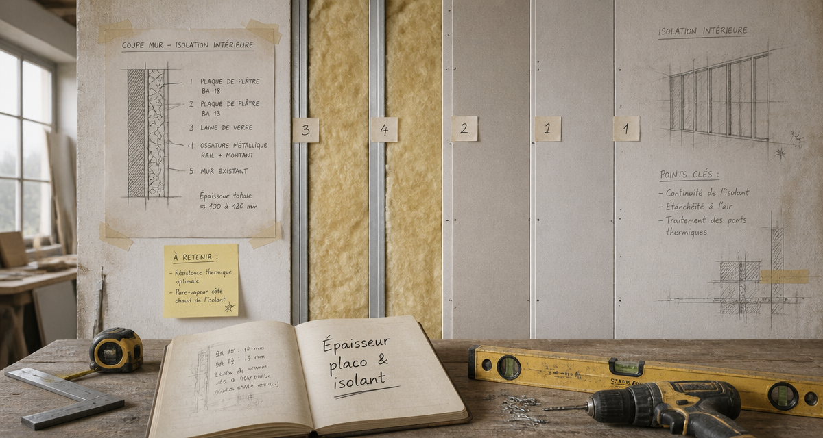 epaisseur isolation placo coupe mur avec isolant et outils