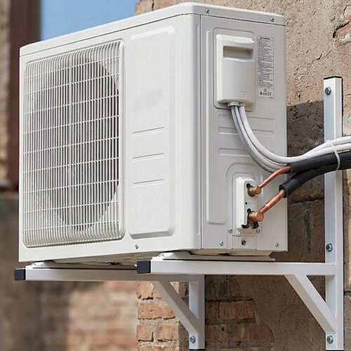 Klimatyzator na ścianie budynku, biały panel, widoczne przewody i uchwyt ścienny - ogrodzenie Metal-Serwis Obrzycko.