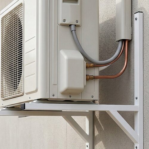 Zbliżenie na klimatyzator ścienny z przewodami, metalowa obudowa, montaż na ścianie budynku - ogrodzenie Metal-Serwis Obrzycko.