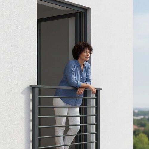 Balkon francuski z balustradą zewnętrzną z aluminium, czarna, nowoczesny design - ogrodzenie Metal-Serwis Obrzycko.