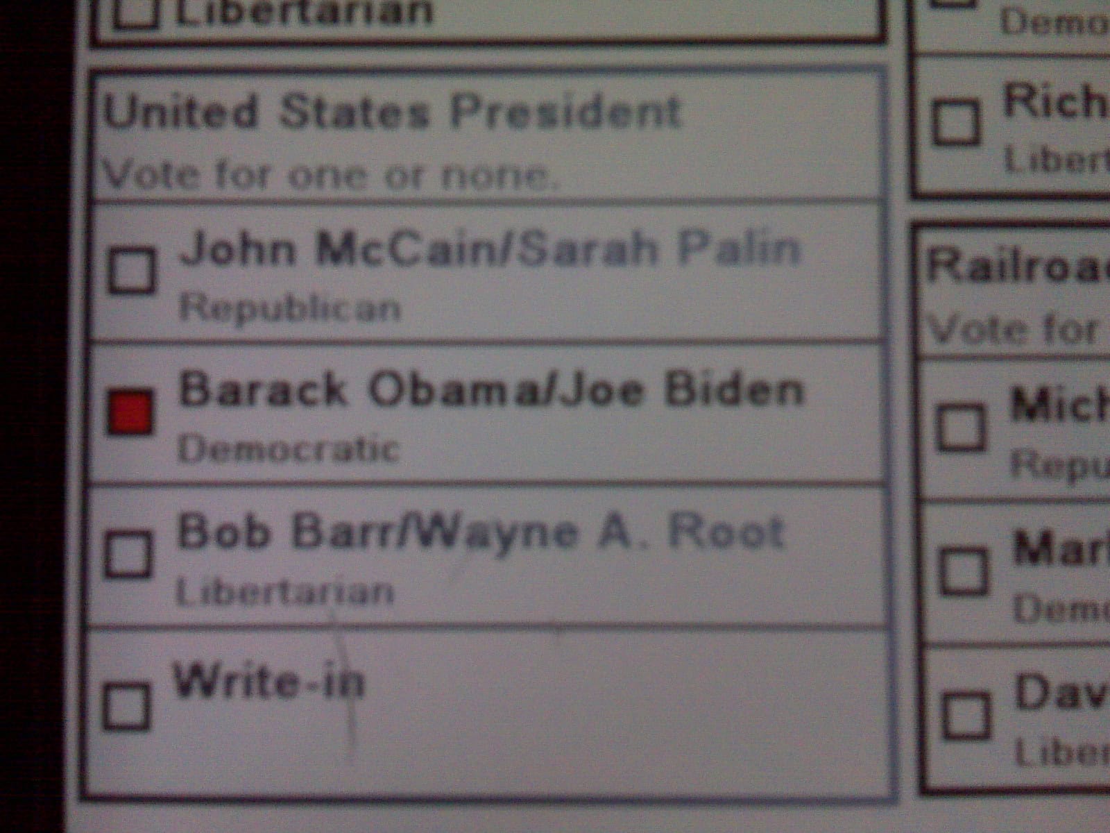 Ballot paper showing Barack Obama/Joe Biden as Democratic candidates.