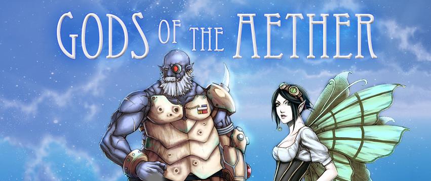 Fantasy characters from Gods of the Aether with sky background and clouds.