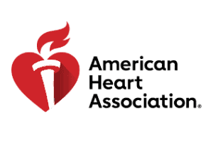 American Heart Association logo featuring a heart with a torch symbol for heart health awareness.