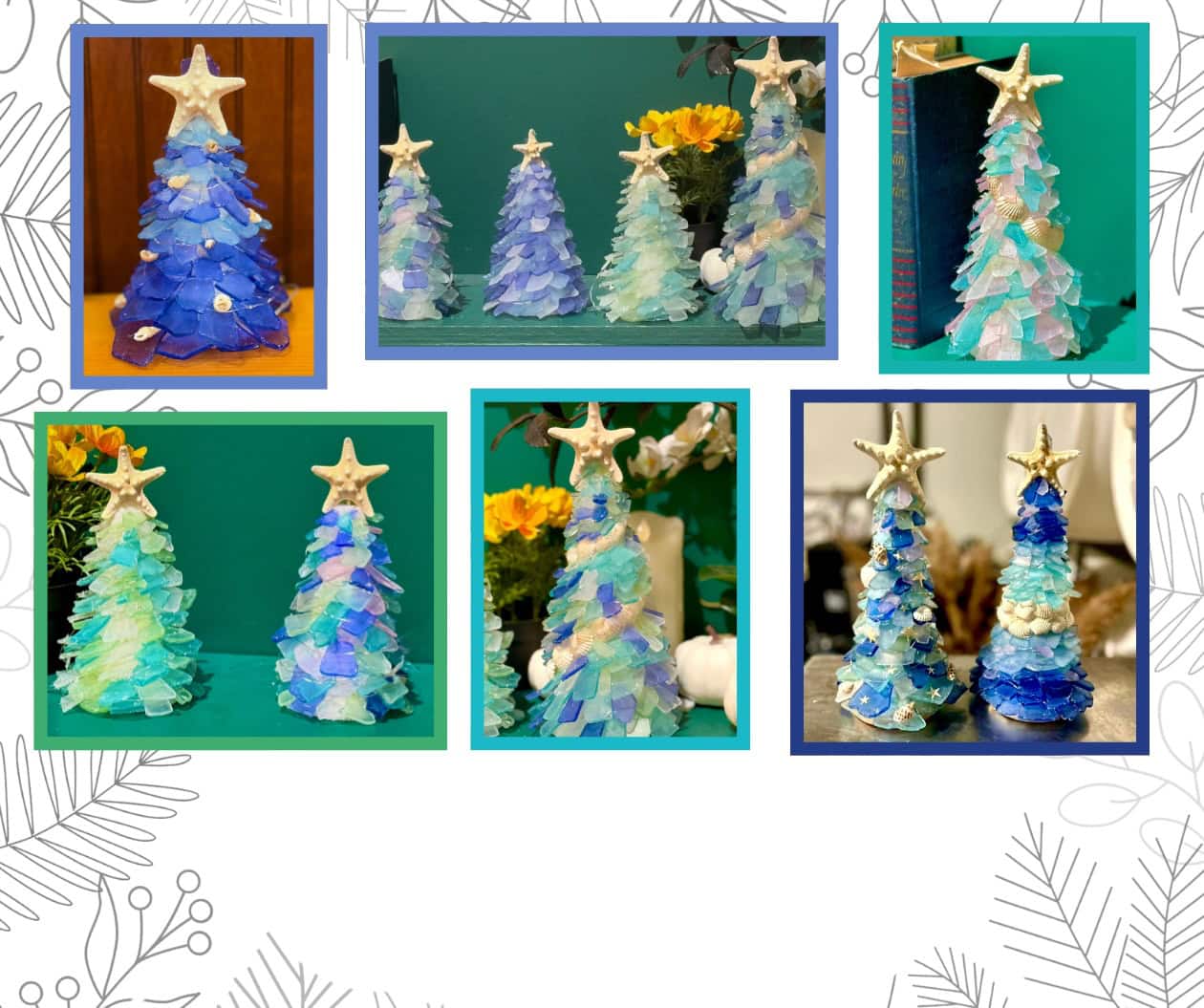 Collection of handmade Christmas trees with star toppers in blue, green, and white colors.
