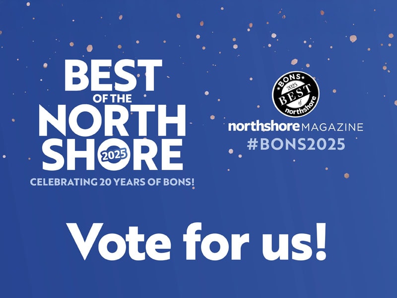 Best of the North Shore 2025 award announcement with blue background and white text.