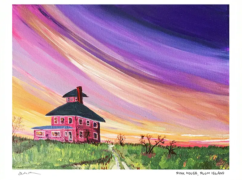 Colorful painting of a pink house with a green roof on Plum Island at sunset.