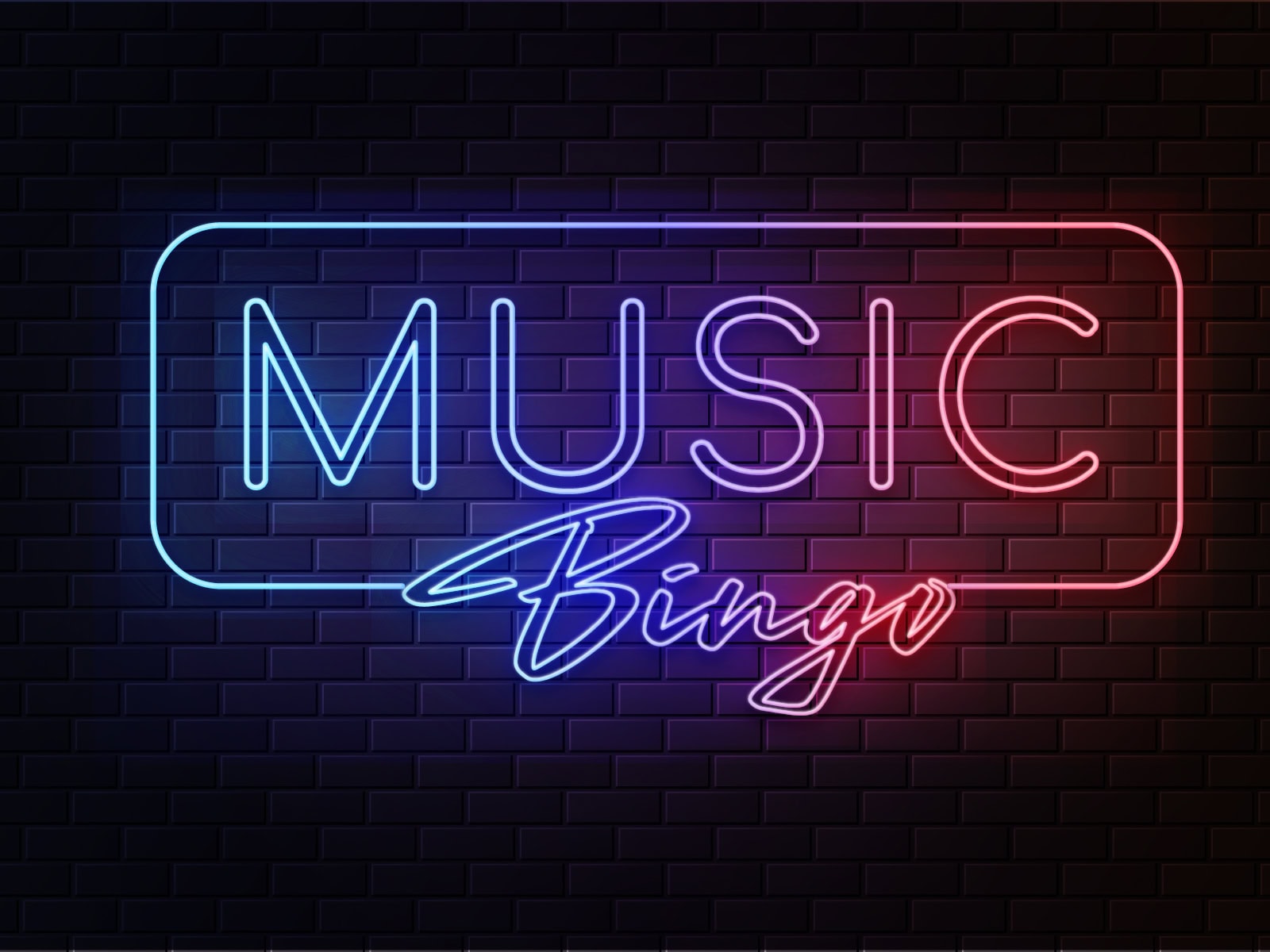 Neon sign reading 'Music Bingo' against a dark brick wall.