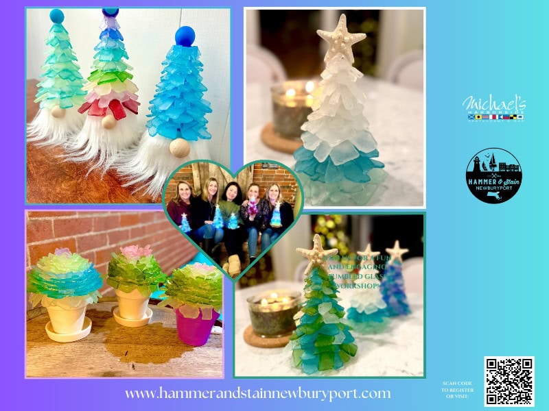 Colorful handmade Christmas trees and decorations at Michael's Harborside.