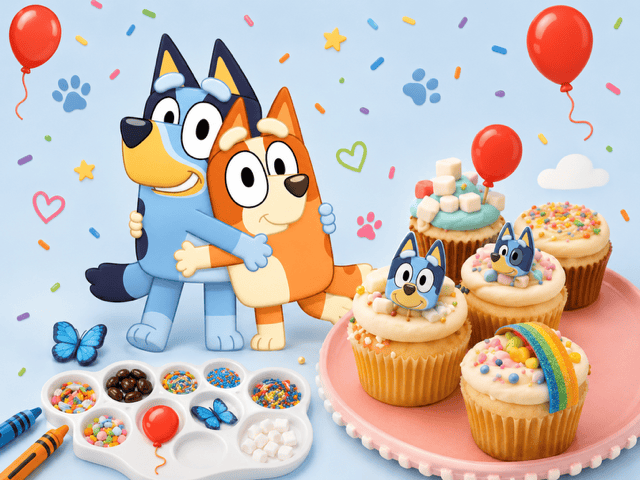 Colorful cupcakes with 'Bluey' characters and party decorations for a celebration.
