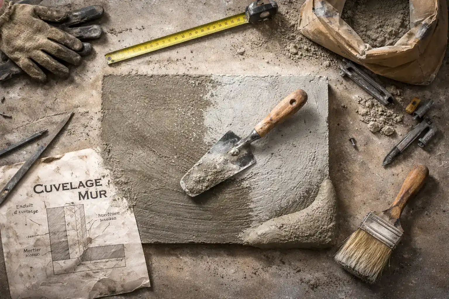 cuvelage mur avec outils et enduit